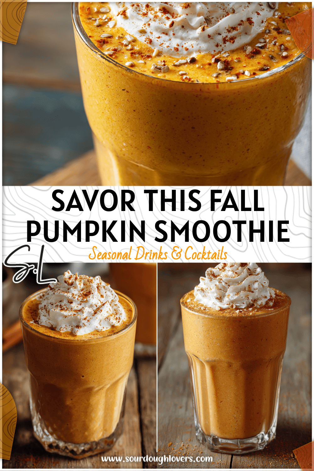 Glass of spiced pumpkin smoothie with whipped topping and sprinkled nutmeg on rustic wooden table.